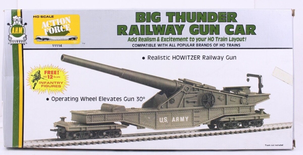 AHM 11114 HO Scale Big Thunder Railway Gun Car With 12 Infanty Figures