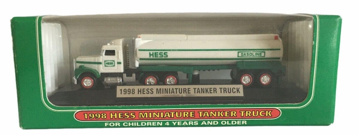 Hess 1998 1:64 Scale White/Green Miniature Gasoline Tanker Truck W/Display Stand