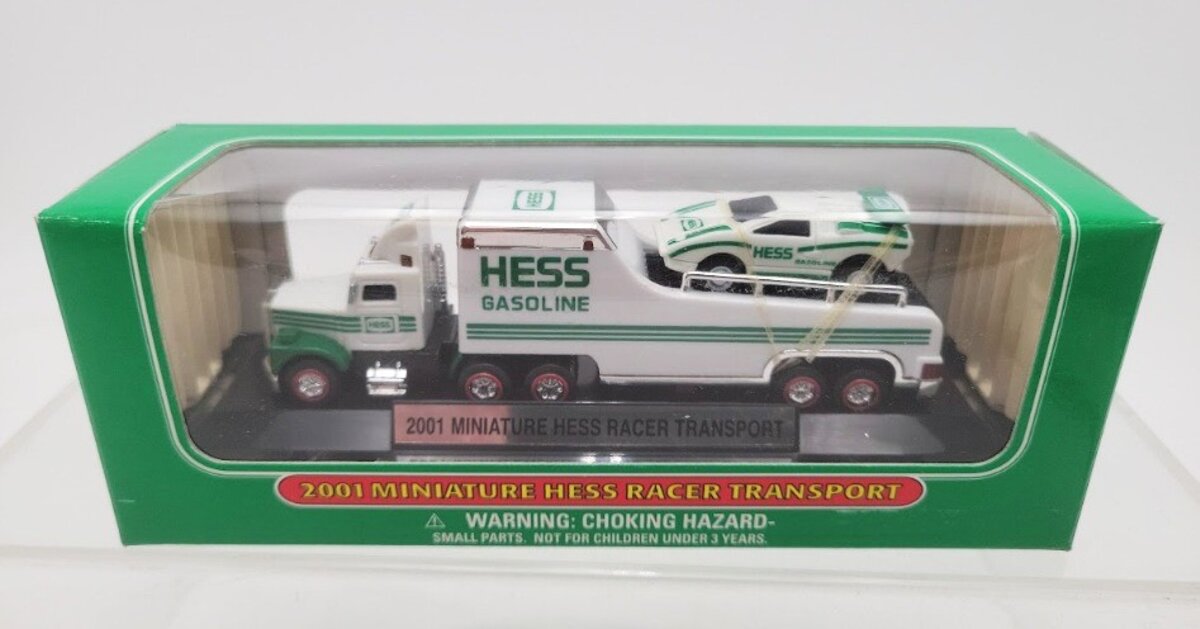 Hess 2001 1:64 Scale White & Green Miniature Racer Transport W/Display Stand