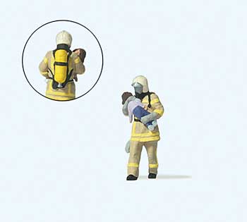 Preiser 28252 HO Beige Uniform Modern Firefighter Saving Child Figure
