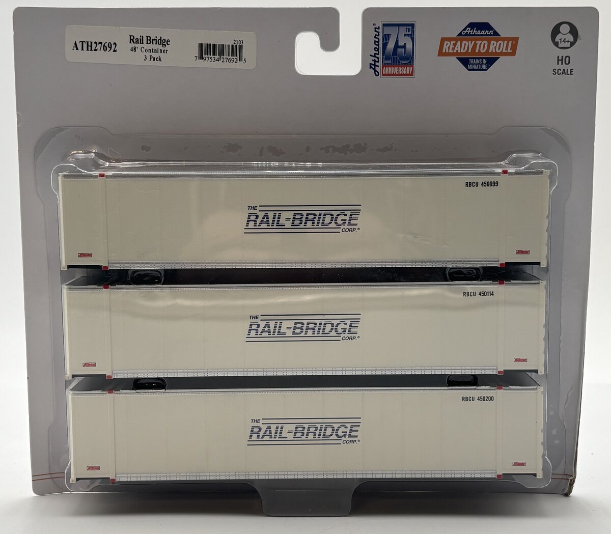 Athearn 27692 HO Rail Bridge RTR 48' Container #1 (Pack of 3)
