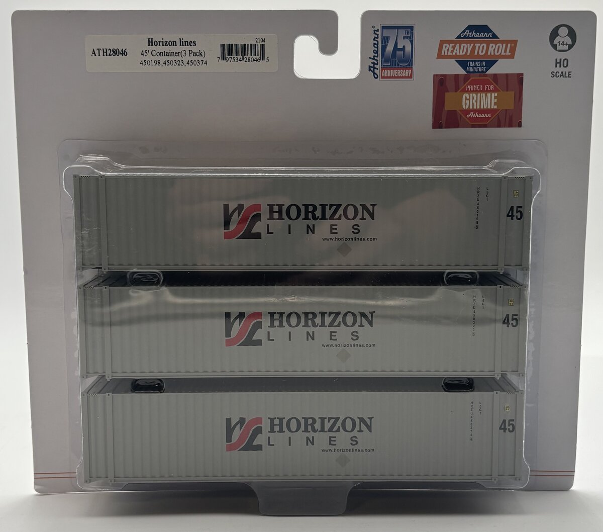 Athearn 28046 HO Horizon Lines 45' Container Ready-To-Run #1 (Set of 3)