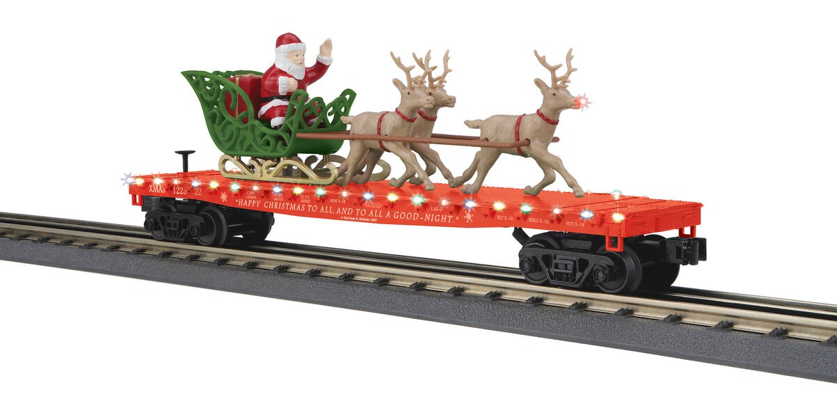 MTH 30-76861 O Christmas Red Flatcar with Santa Sleigh & Reindeer #122522