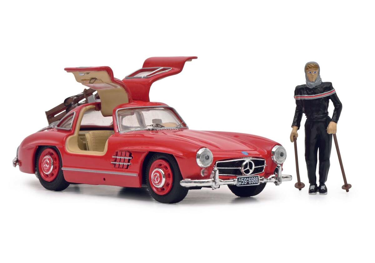 Schuco 450376600 1:43 Mercedes Benz 300 SL Diecast Car with Ski Figure