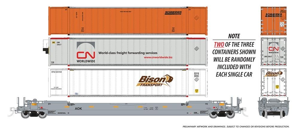 Rapido Trains 401055A HO AOK 53' Husky-Stack Well Car + Containers Single Car