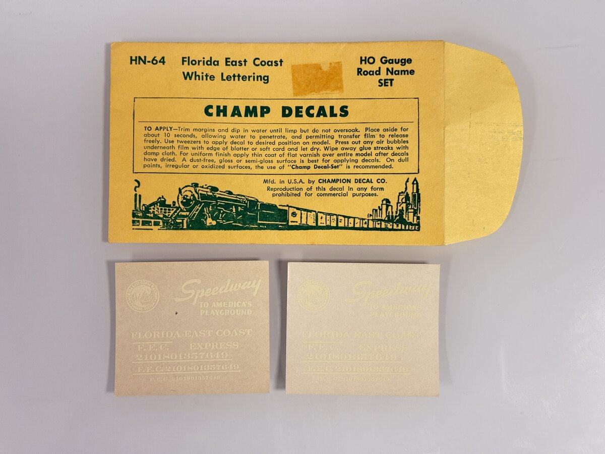 Champ Decals HN-64 HO Florida East Coast White Lettering Road Name Set