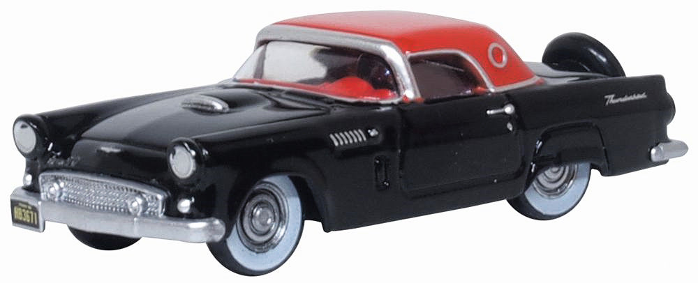 Oxford Diecast 87TH56008 HO Raven Black/Fiesta Red 1956 Ford Thunderbird Car
