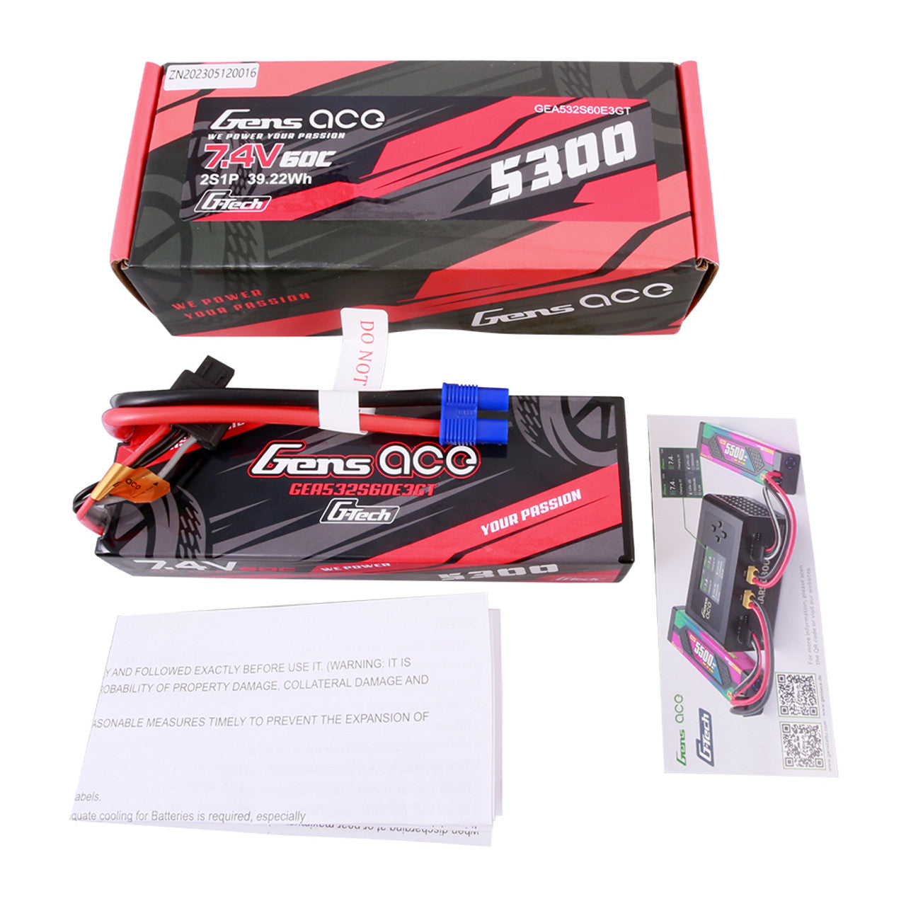 Gens Ace GEA532S60E3GT 5300mAh 2S 60C 7.4V HardCase G-tech Lipo Battery Pack 24#