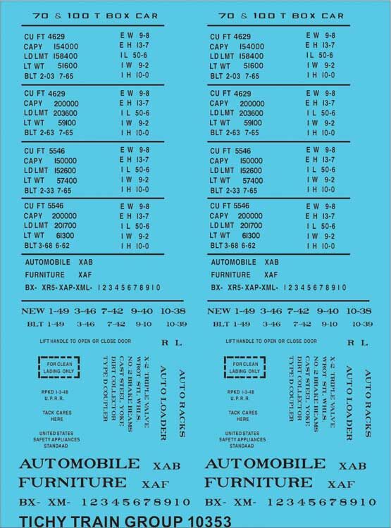 Tichy 10353 HO Generic 70 and 100 Ton 50' Boxcar Black Data Decal Sheet