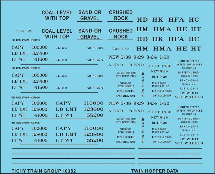 Tichy 10382N N 50 & 55 Ton 2 Bay Hopper Black Data Decal Sheet