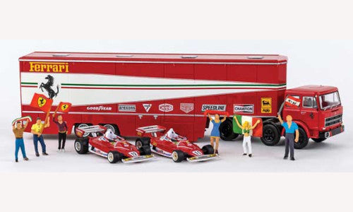 Brekina Automodelle 58575 HO Semi Tractor w/Racing Trailer & Figures (Set of 9)