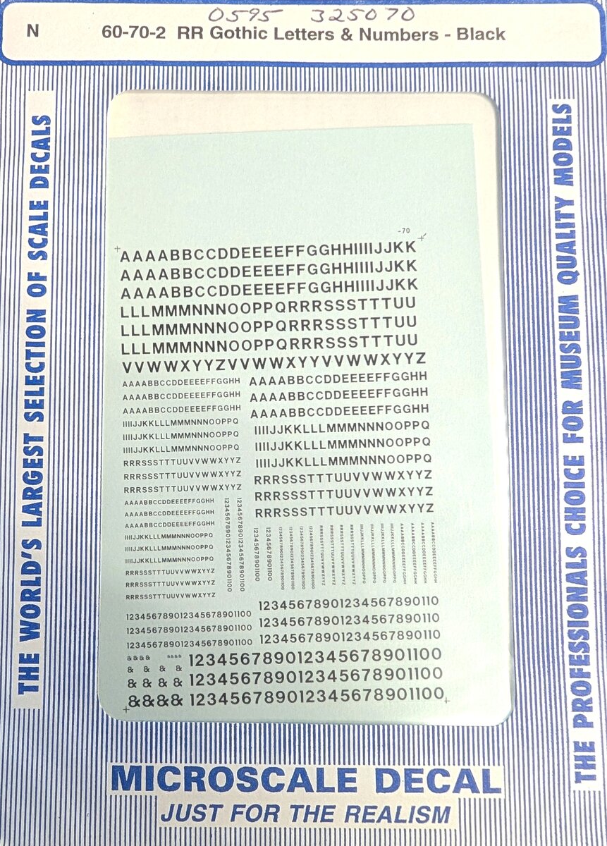 Microscale 60-70-2 N Scale RR Black Gothic Alphabets & Numbers Decal Sheet