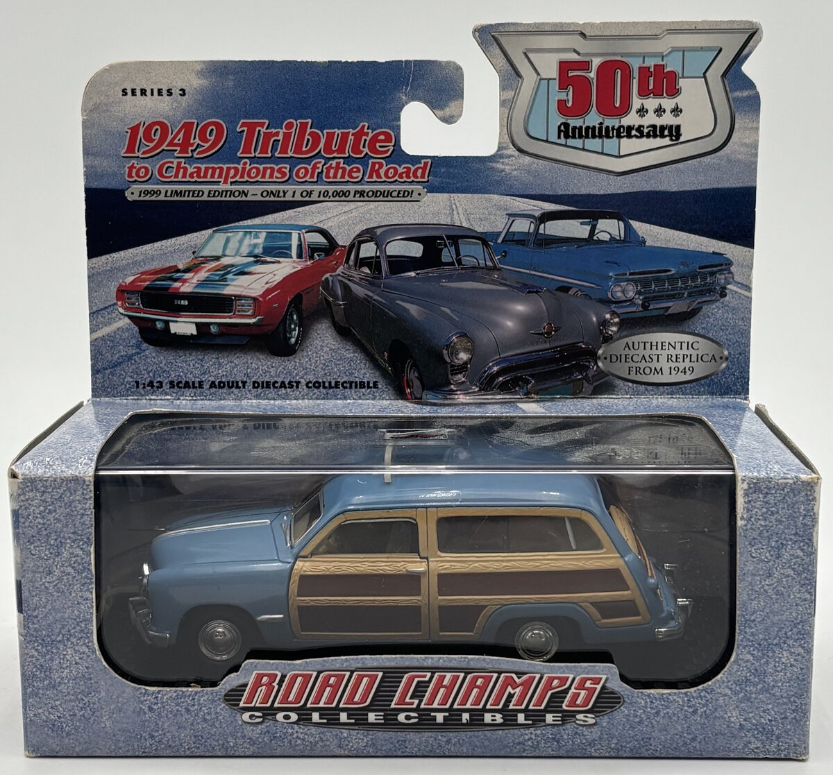 Road Champs 68600 1:43 Diecast Teal Blue 1949 Ford Woody 50th Anniversary