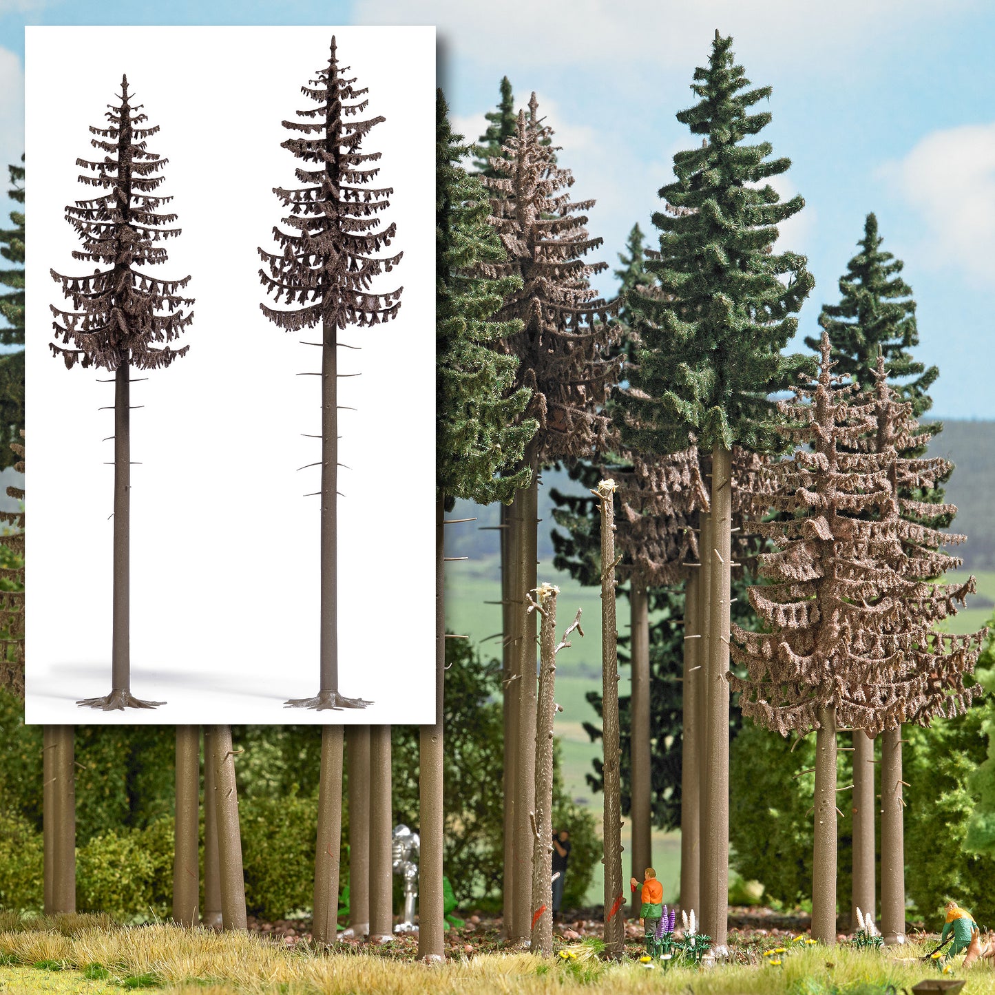 Busch 6168 HO/TT 180mm/190mm Dead Spruce Trees with Dried Needles (Set of 2)