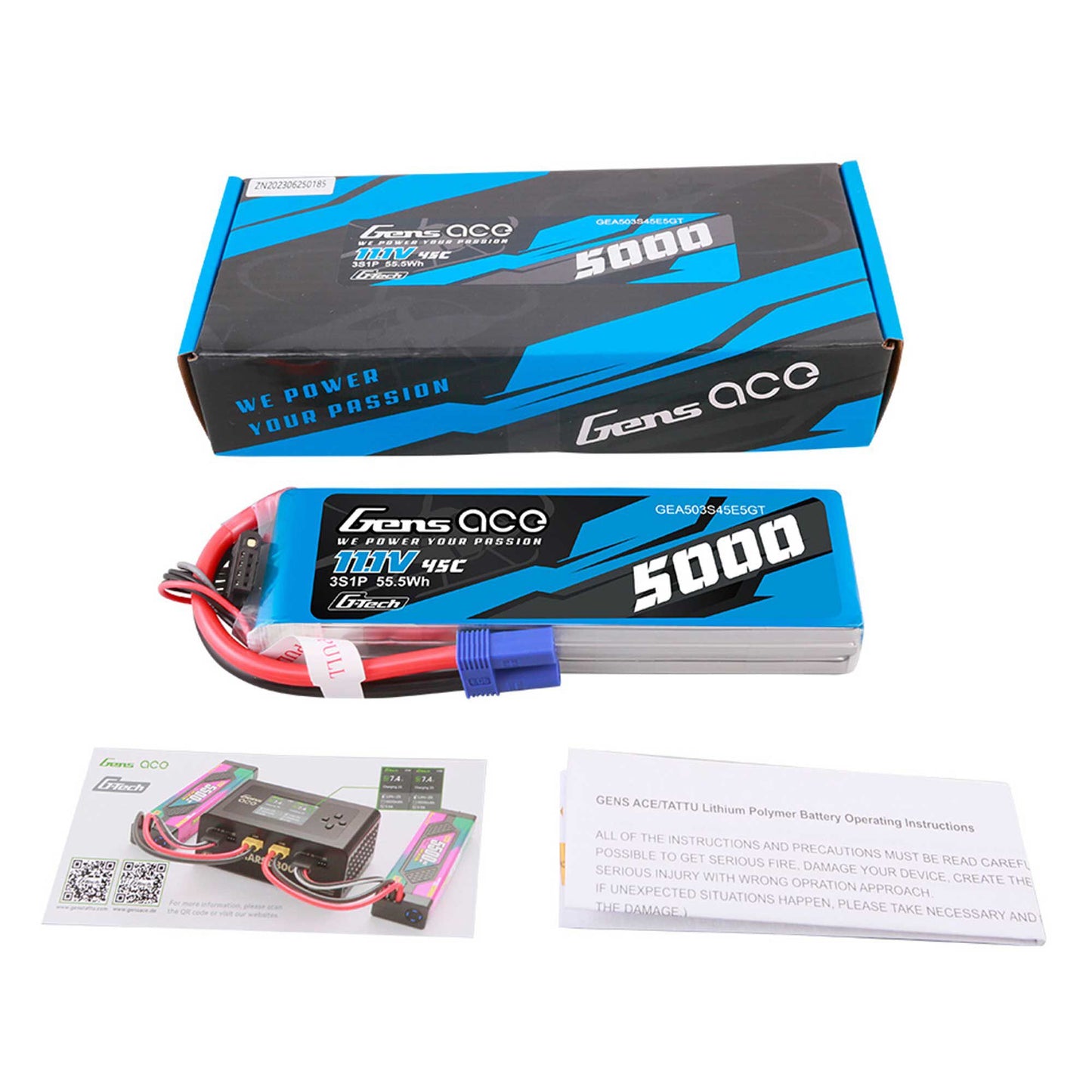 Gens Ace 503S45E5GT 11.1V 5000mAh 3S 45C G-Tech Smart LiPo Battery with Deans