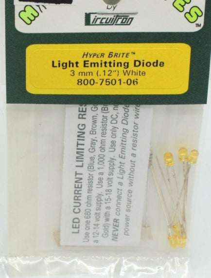Circuitron 800-7501-06 HO Mitey Lites White Light Emitting Diode 3 mm (.12")