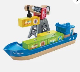 Hape International E3792 Wooden & Plastic Cargo Ship & Crane Set