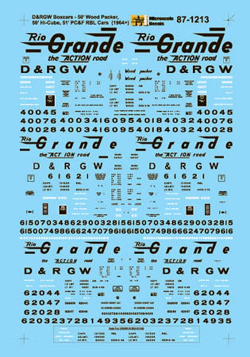 Microscale 87-1213 HO Denver & Rio Grande Western 50' Boxcars (1969+) Decals
