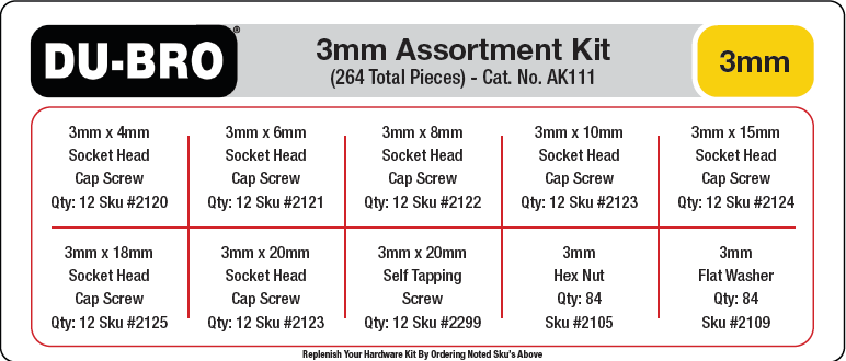 Dubro AK111 3mm Hardware Assortment Kit - 264 pieces Total