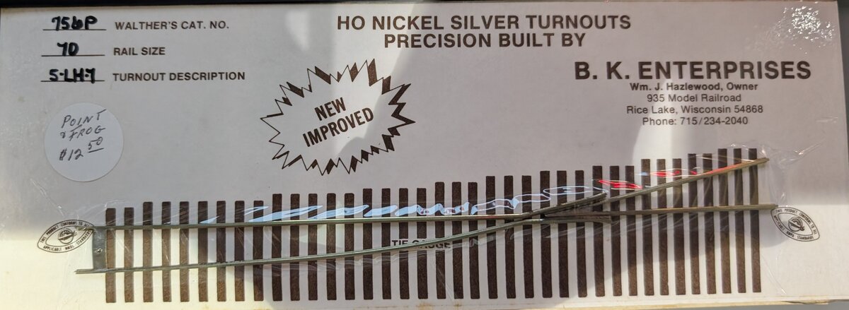 B.K. Enterprises 756P HO Scale Code 70 Left Hand Nickel Silver Turnout