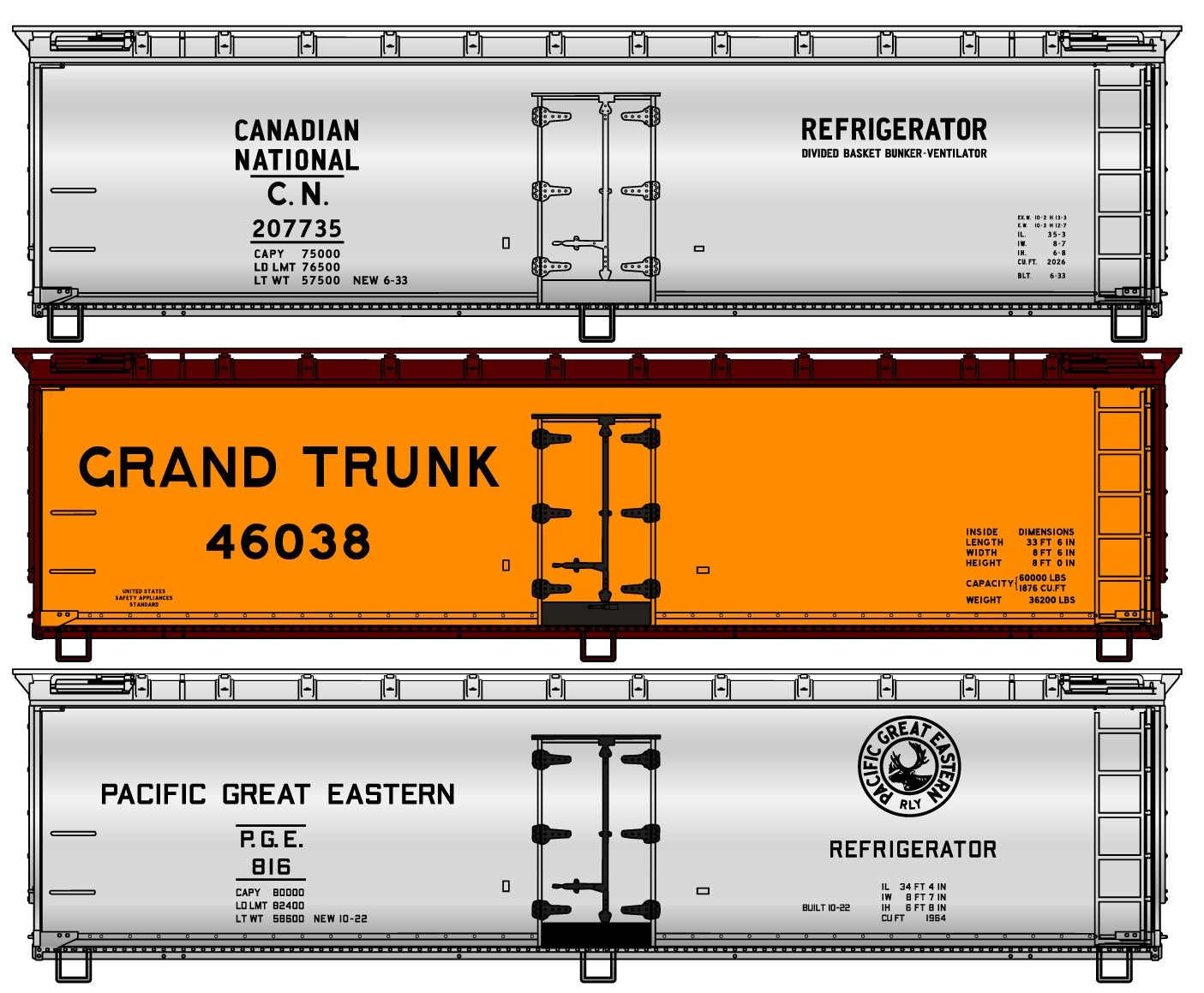 Accurail 8180 HO CN, GT,PGE 40' Wood Refrigerator Car Kit (Set of 3)