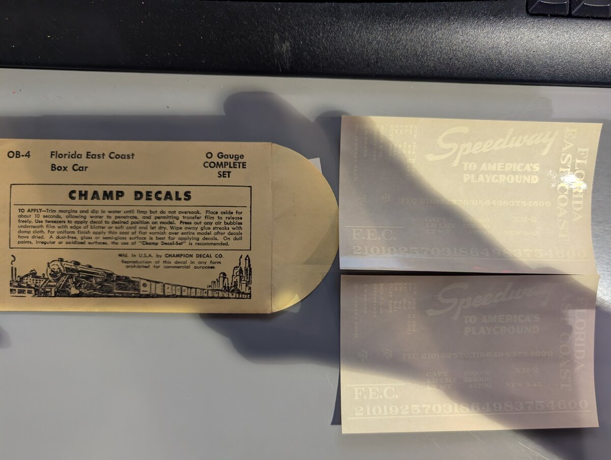 Champ Decals OB-4 O Gauge Florida East Coast Box Car Decal Set