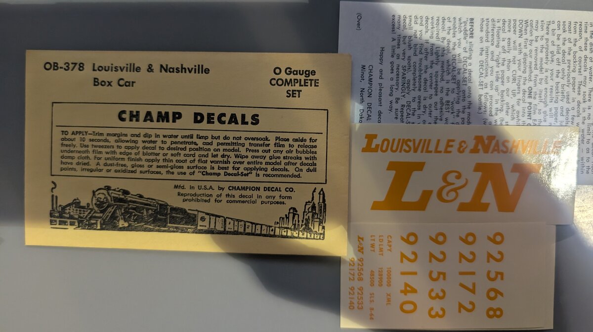 Champ Decals OB-378 O Gauge Louisville & Nashville Box Car Decal Set