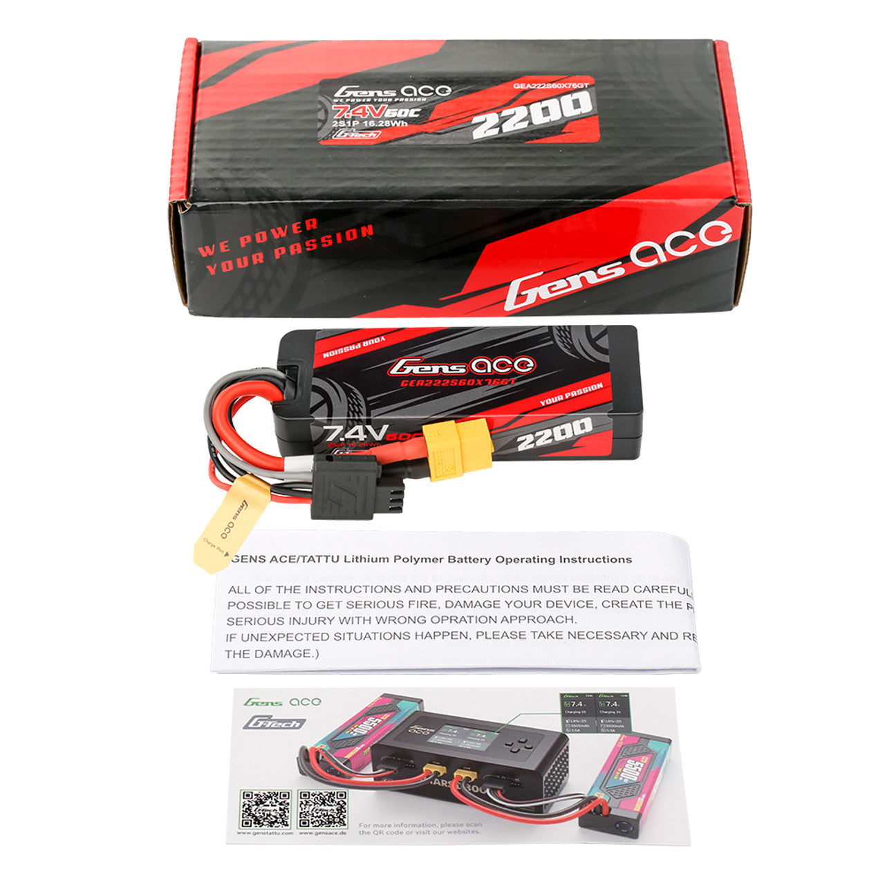 Gens Ace GEA222S60X76GT 2200mAh 2S 60C 7.4V HardCase G-tech Lipo Battery Pack