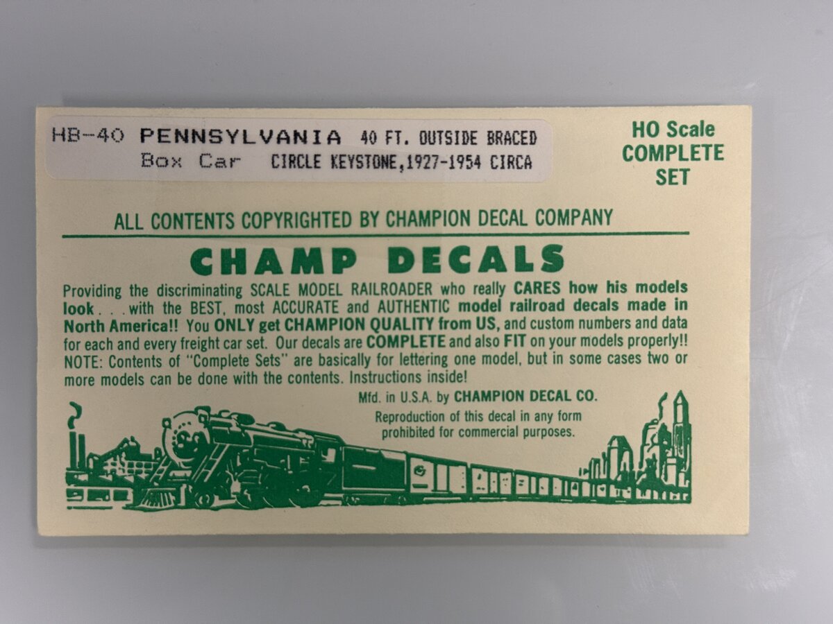 Champ Decals HB-40 HO Pennsylvania 40' Outside Braced Box Car Circle Keystone