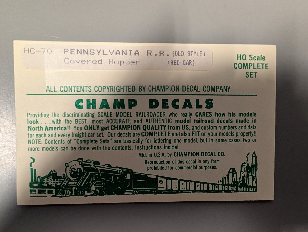 Champ Decals HC-70 HO Pennsylvania RR Old Style Covered Hopper Decal Set
