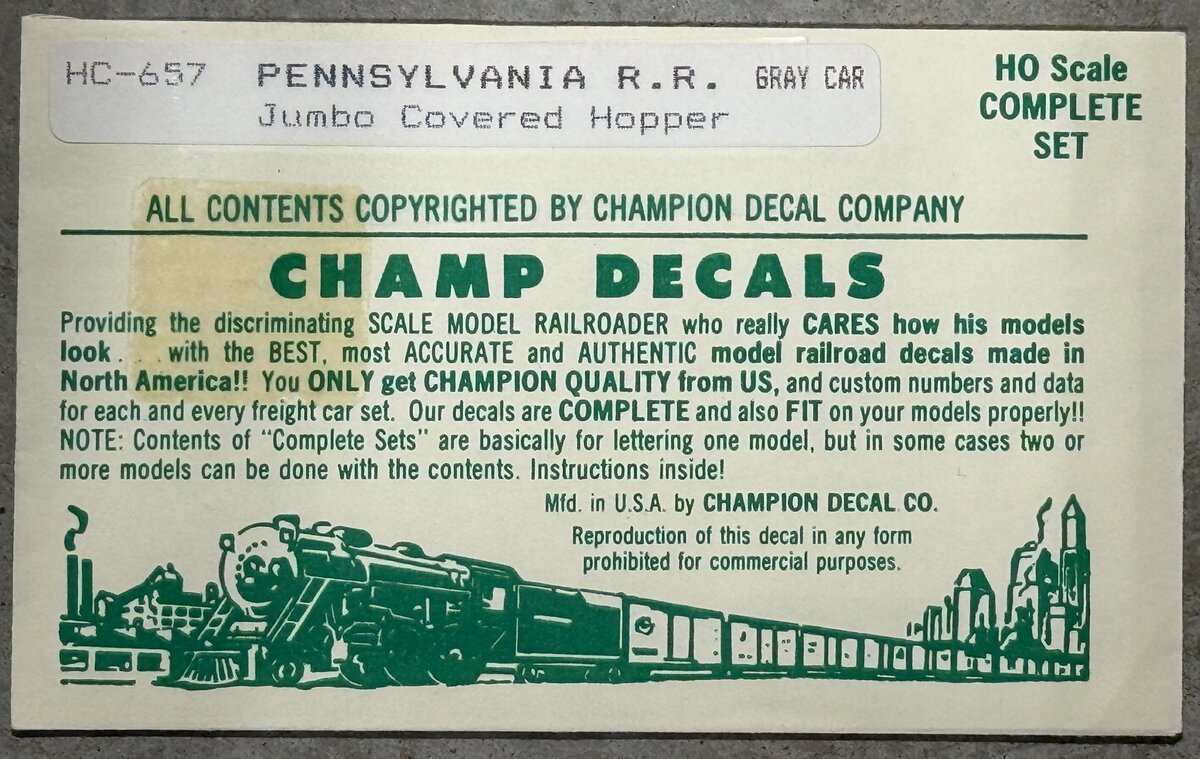 Champ Decals HC-657 HO Pennsylvania RR Jumbo Covered Hopper (Gray Car) Decal Set