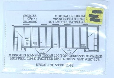 Oddballs Decals 187-176 HO Missouri Kansas Texas 100 Ton Cement Covered Hopper