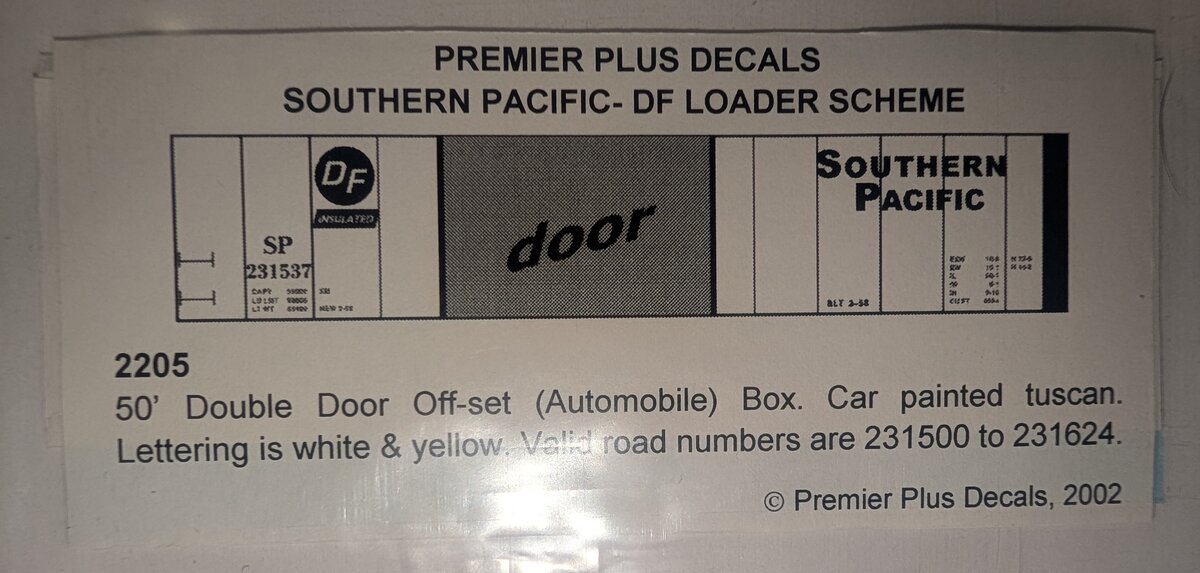 Premier Plus Decals 2205 N Southern Pacific w/DF Loader Boxcar Decal Set