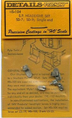 Details West HS-104 HO Scale S.P. Headlight Set SD-7, SD-9, Single End