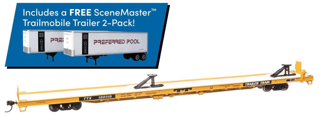 Walthers 910-5736B HO Trailer Train Flat Car with Trailers TTX #150315
