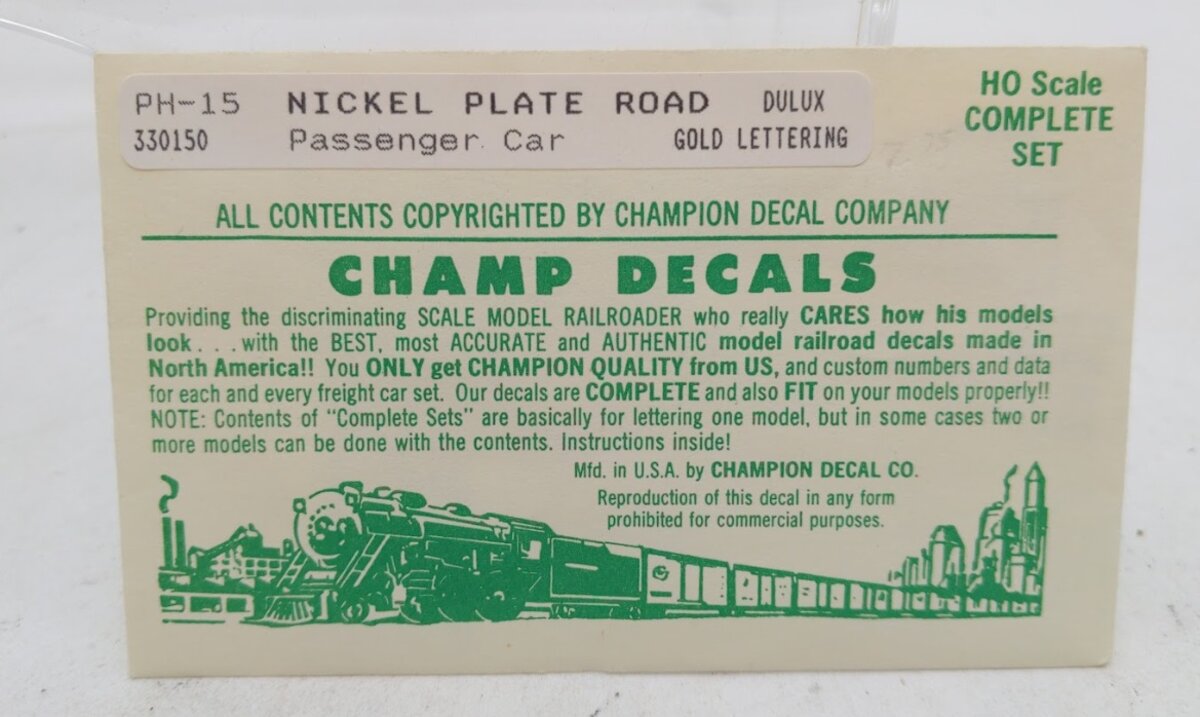 Champ Decals PH-15 HO Scale Nickel Plate Road Passenger Car Complete Set