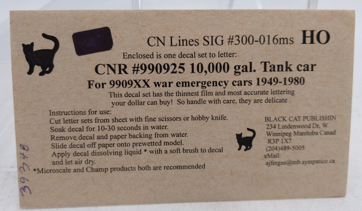 Black Cat 300-016ms HO CNR # 990925 10,000 Gal Tank Car Decals