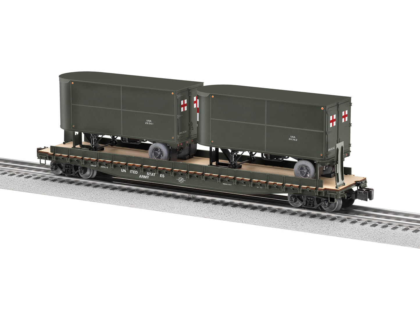 Lionel 2526360 O US Army TOFC Flatcar with 2 Trailers #39514