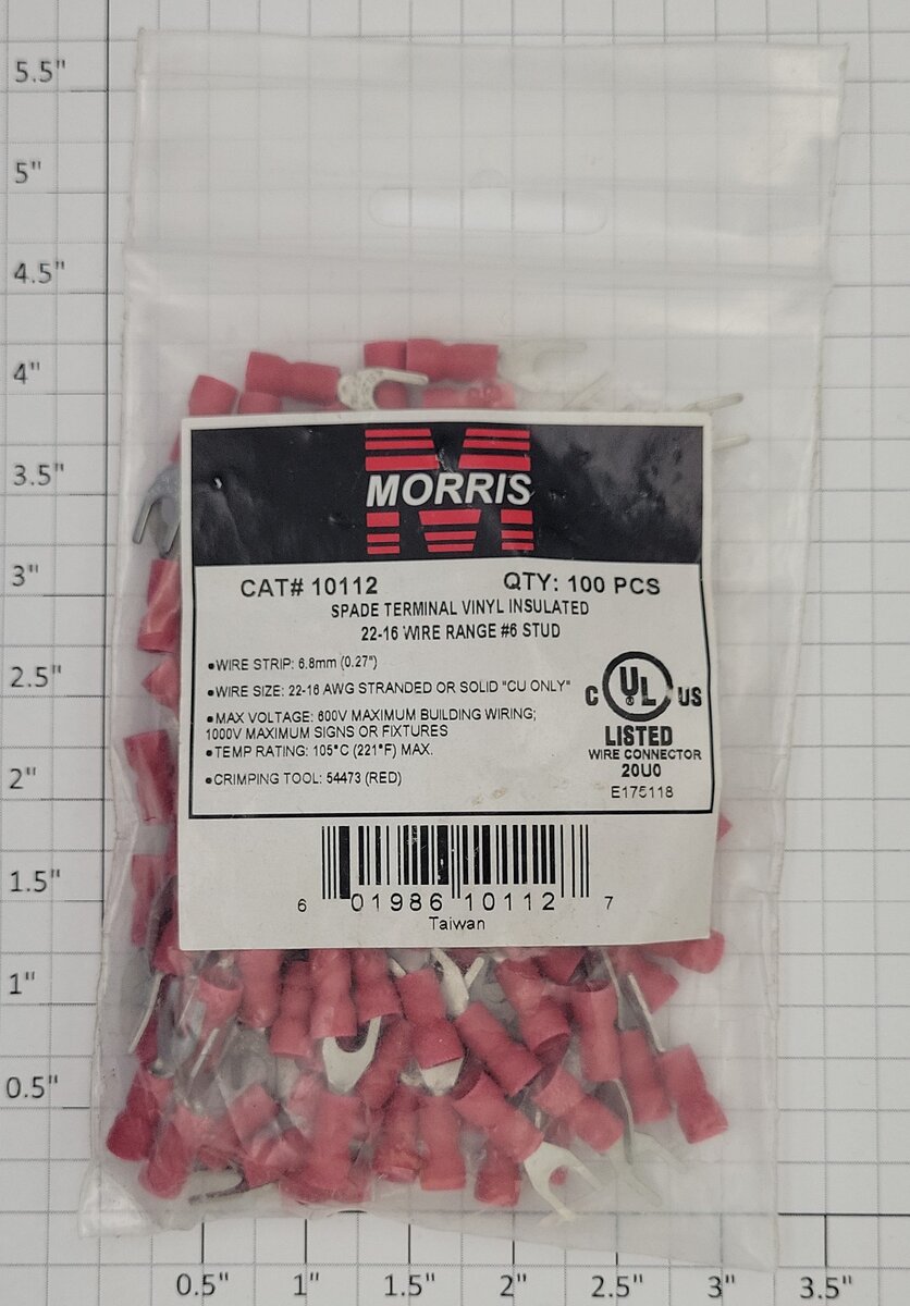 Morris 10112 Spade Terminal Red Vinyl Insulated 22-16 AWG (Pack of 100)