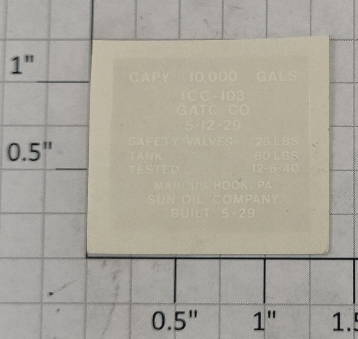 Lionel 654-10 Water Soluble Tank Capacity Decal White Lettering
