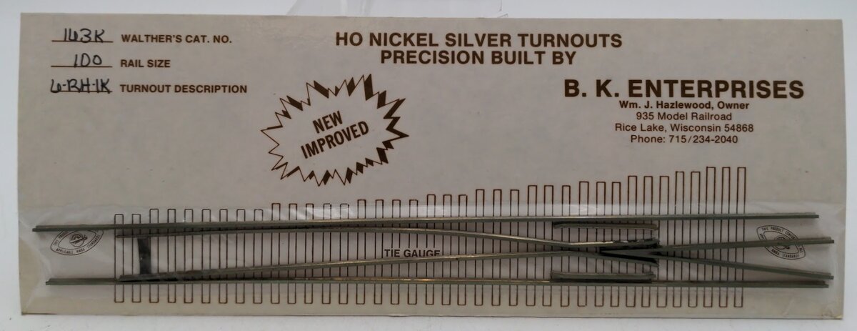 B.K. Enterprises 163K HO Scale Code 100 Nickel-Silver Right Hand Turnout