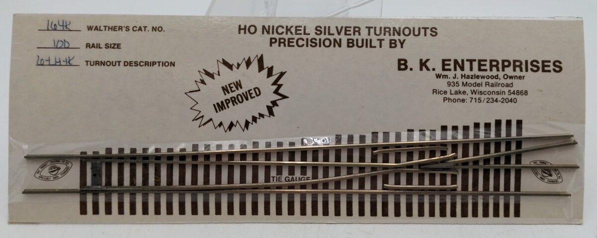 B.K. Enterprises 164-K HO Scale # 6 Left Hand Code 100 Nickel Silver Turnout