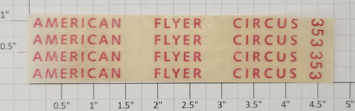 American Flyer TRS0775 Red "353 American Flyer Circus" Dry Transfer Decal Set
