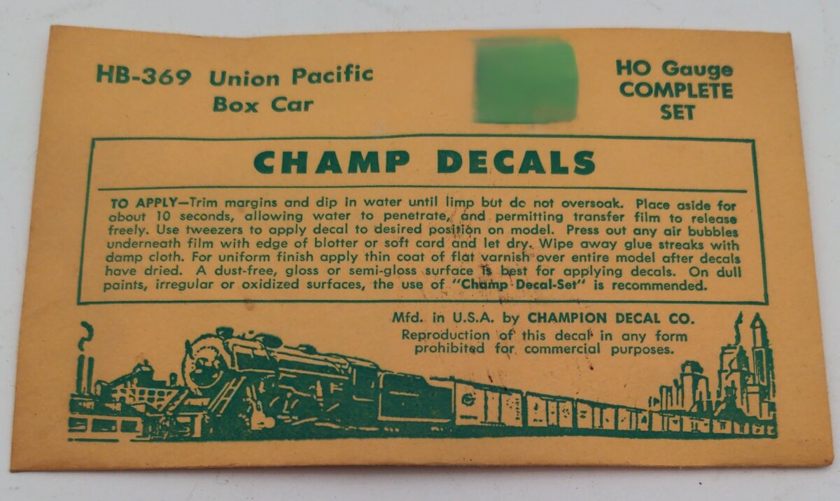 Champ Decals HB-369 Union Pacific Box Car