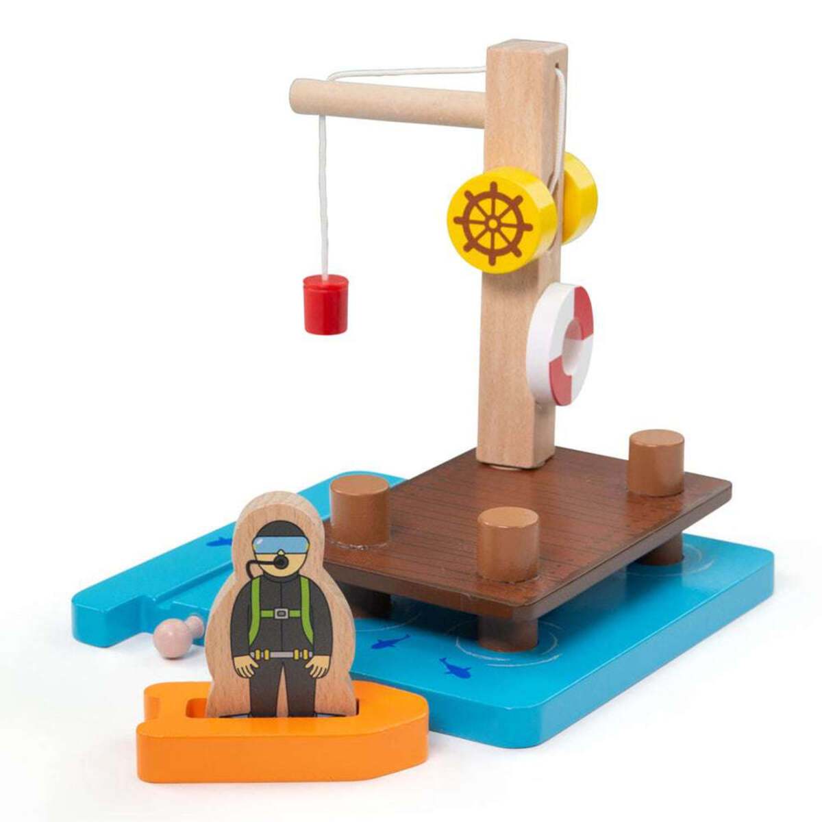 Big Jig Rails BJT074 Wooden Train Crane Dock, Dingy, and Diver Set Building Kit