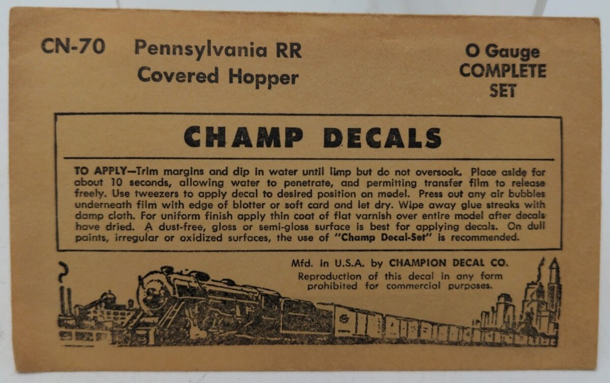 Champ Decals CN-70 O Gauge Pennsylvania RR Covered Hopper Complete Set Decal