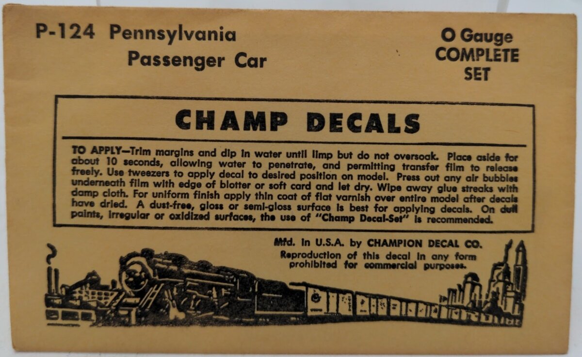 Champ Decals P-124 O Gauge Pennsylvania Passenger Car Complete Set Decal