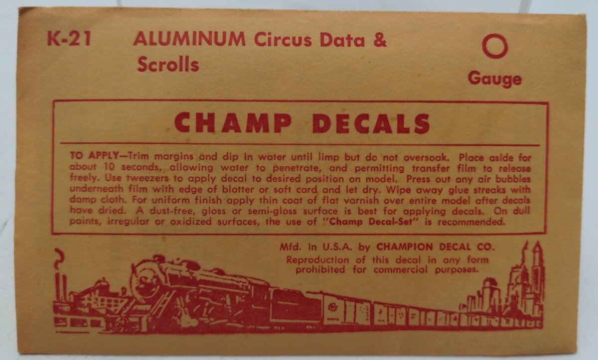 Champ Decals K-21 O GaugeAluminum Circus Data & Scrolls Decals