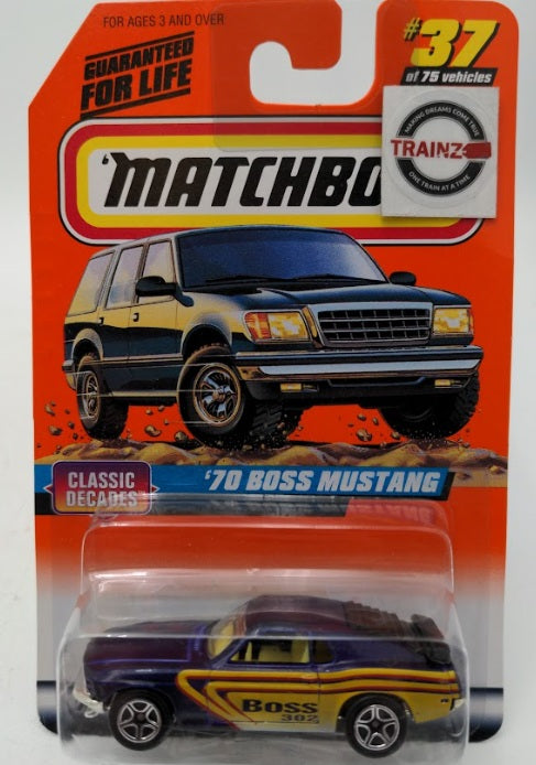 Matchbox 01737 1:64 Classic Decades Purple 1997 '70 Boss Mustang Car # 302