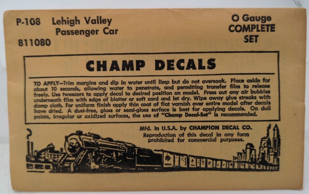 Champ Decals P-108 O Gauge Lehigh Valley Passenger Car Complete Set Decal